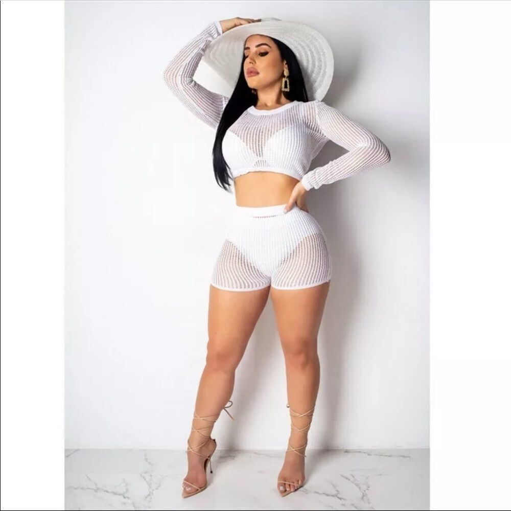 Sexy Long Sleeve Fishnet 2 Piece Beach Coverup Shorts & Top